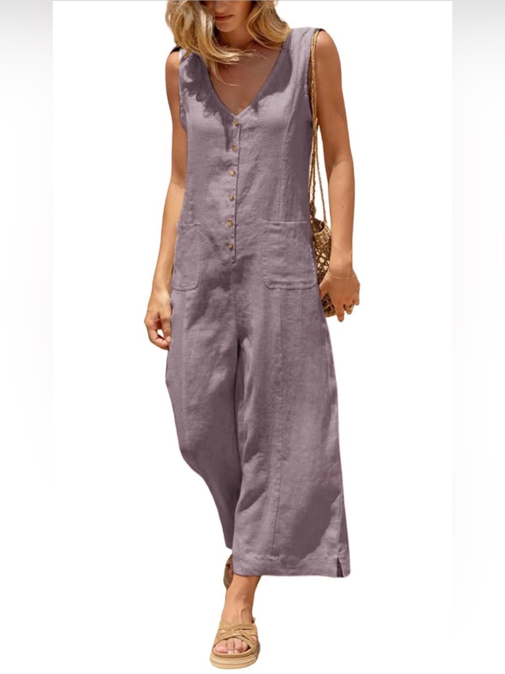 Sleeveless Wide-Leg Yeokou Lilac Cotton Linen Button Down Romper Jumpsuit Size S